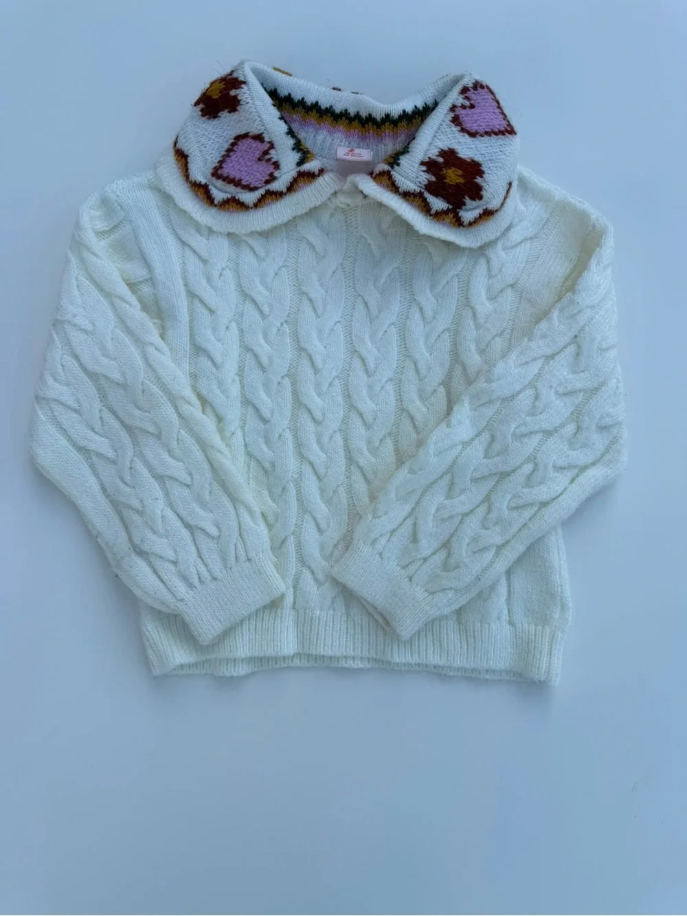Cream Cable Knit Sweater with Decorative Collar